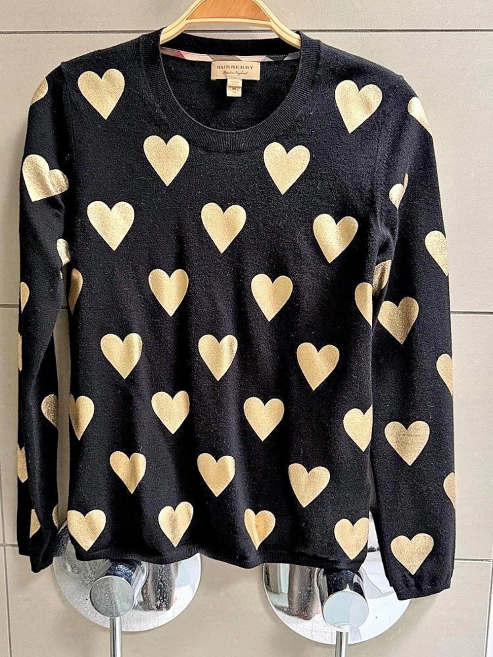 Burberry Black Crewneck Sweater With Gold Heart Motif XS
